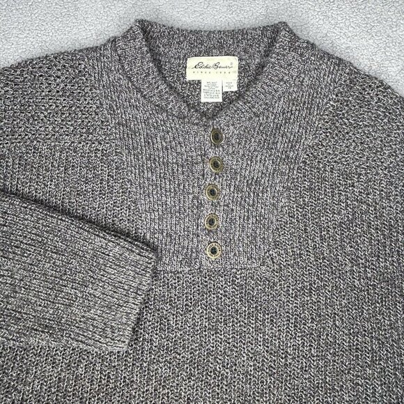 Eddie Bauer Sweater Mens Extra Large Gray Chunky Cable Knit Fisherman Henley XL - Picture 1 of 11